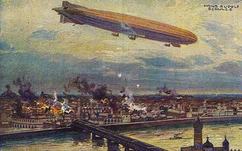 colour drawing of German airship bombing Warsaw in 1914